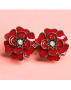Boucles Email et Swarovski Camélia Rouge doré (s)