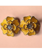 Boucles Email et Swarovski Camélia Jaune doré (s)