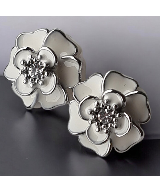 Boucles Email et Swarovski Camélia Blanc argenté (s)