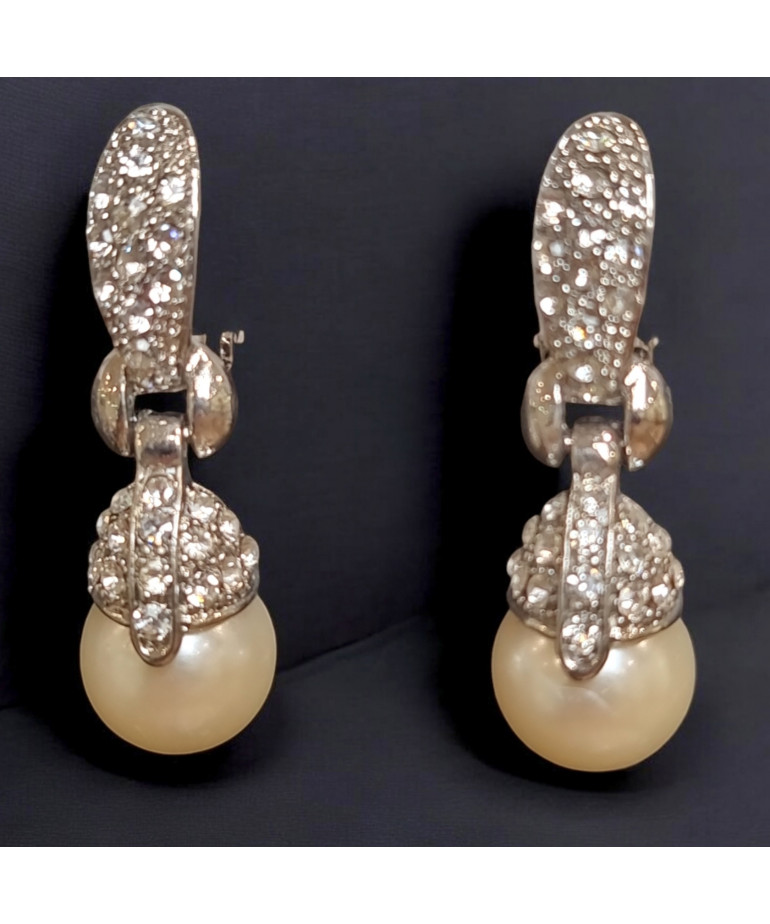 Boucles Perles de Majorque et Swarovski à Clips argentées (s)