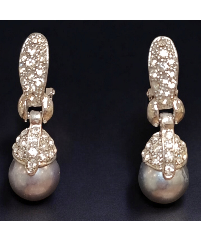 Boucles Perles de Majorque grises et Swarovski à Clips argentées (s)