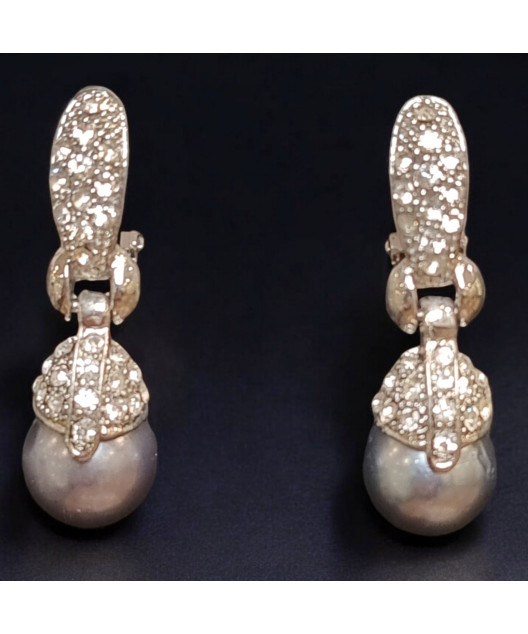Boucles Perles de Majorque grises et Swarovski à Clips argentées (s)