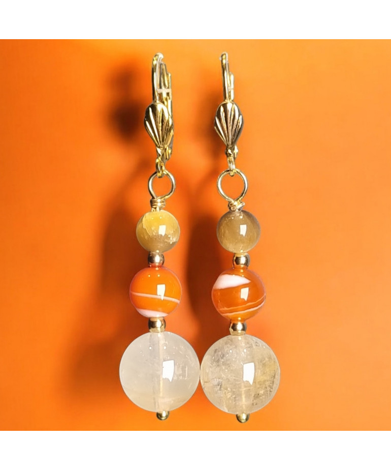 Boucles Quartz Hématoïde Œil de tigre et Agate de feu Pierres rondes Plaquées or (s)