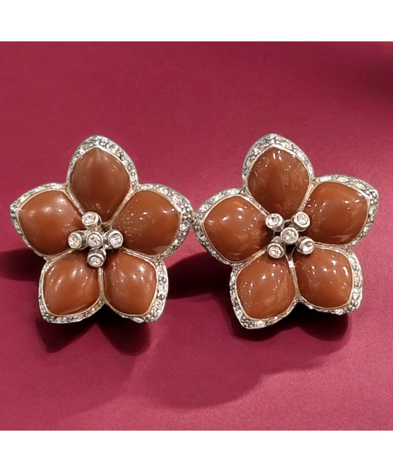 Boucles Email et Swarovski Fleur Métal argenté à Clips (s)