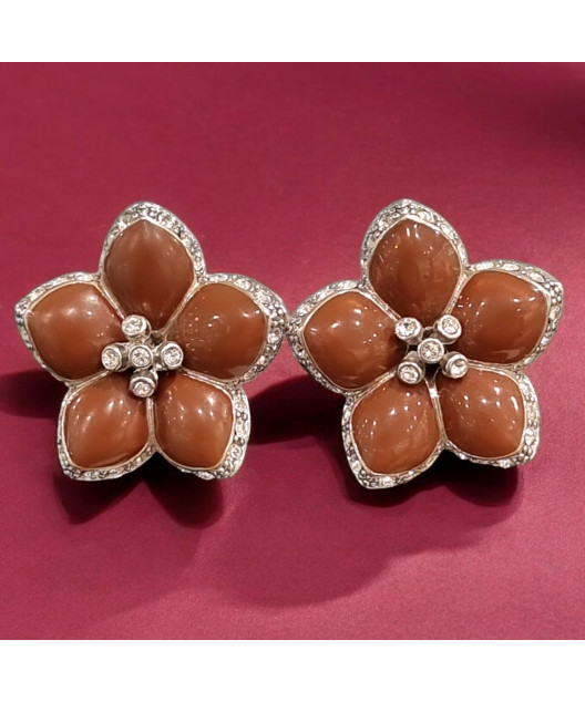 Boucles Email et Swarovski Fleur Métal argenté à Clips (s)