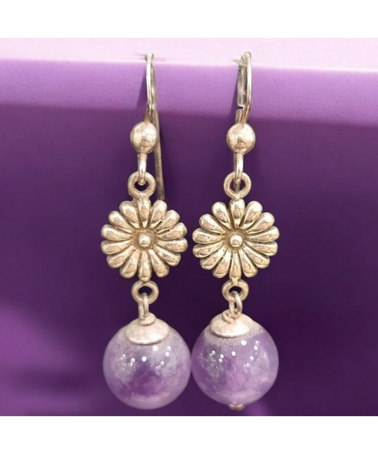 Boucles Améthyste Boules Fleurs Argent 925 (s)