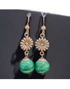 Boucles Malachite Boules Fleurs Argent 925 (s)