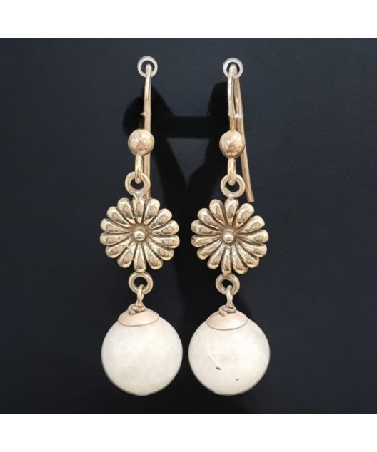 Boucles Pierre de lune Boules Fleurs Argent 925 (s)