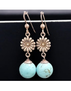 Boucles Turquoise Boules Fleurs Argent 925 (s)