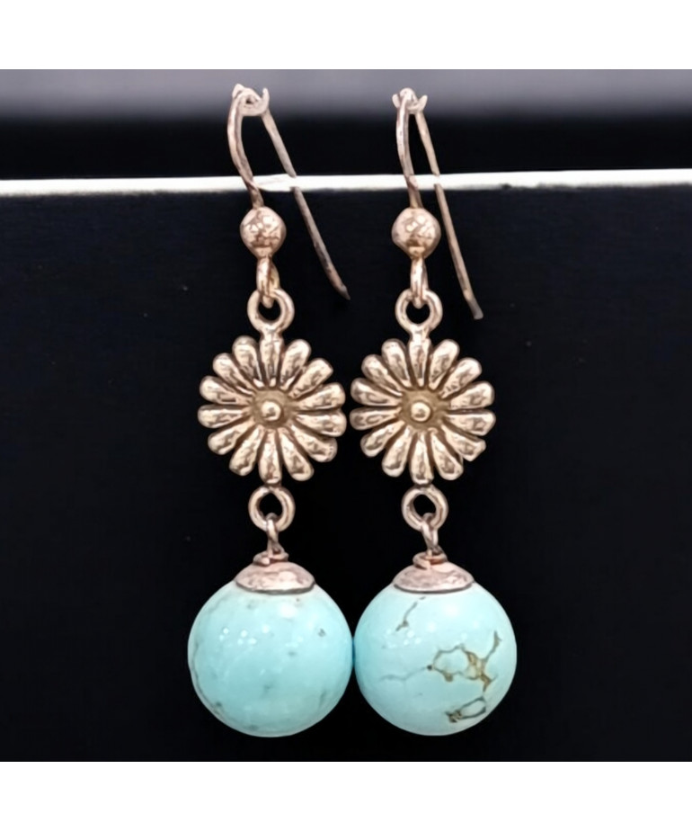 Boucles Turquoise Boules Fleurs Argent 925