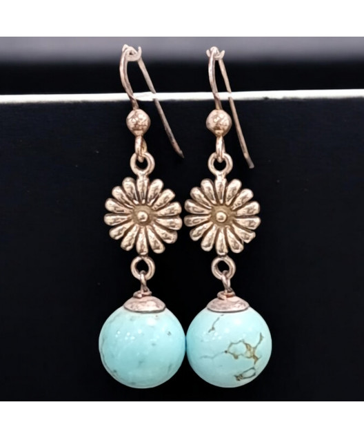 Boucles Turquoise Boules Fleurs Argent 925 (s)