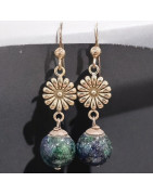 Boucles Azurite Boules Fleurs Argent 925 (s)