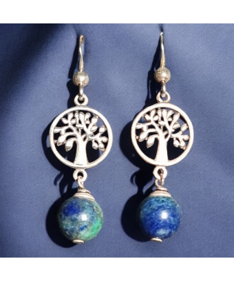 Boucles Azurite Boules Arbre de vie Argent 925 (s)