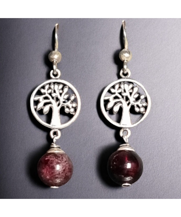 Boucles Grenat Boules Arbre de vie Argent 925 (s)