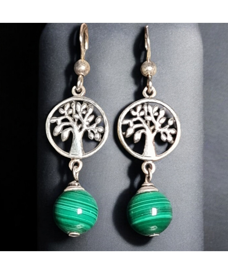 Boucles Malachite Boules Arbre de vie Argent 925 (s)