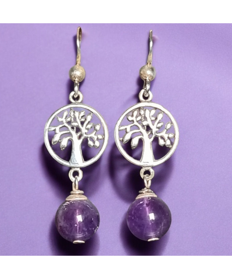 Boucles Améthyste Boules Arbre de vie Argent 925 (s)