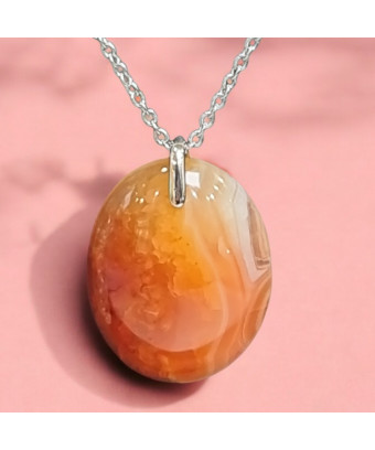 Pendentif Agate de feu Ovale sur Chaîne acier (s)