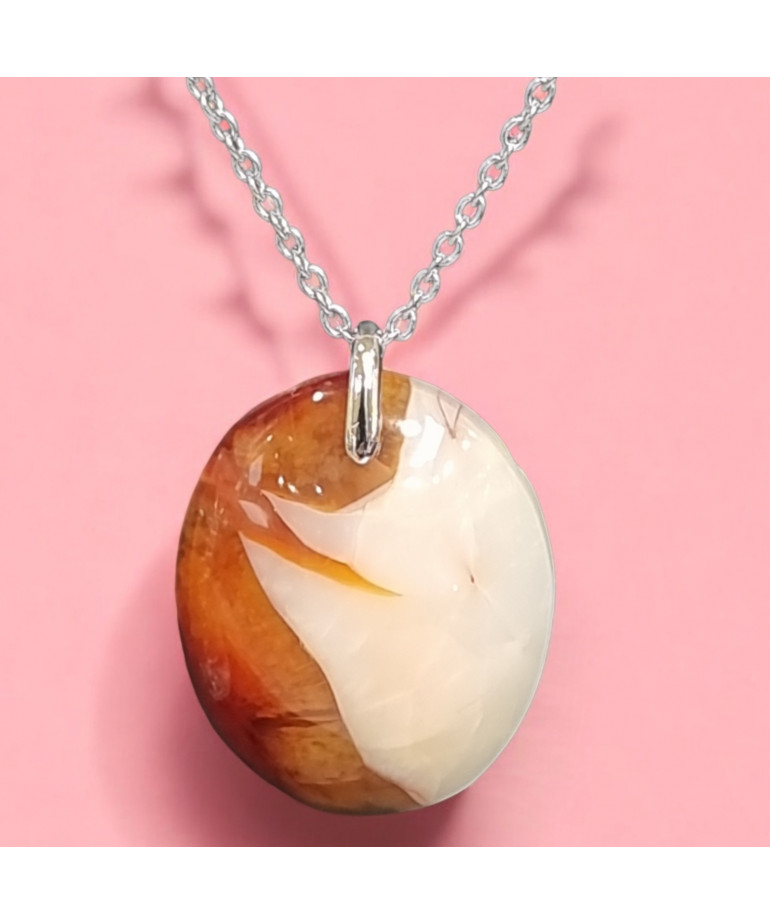 Pendentif Agate de feu Ovale sur Chaîne acier (s)