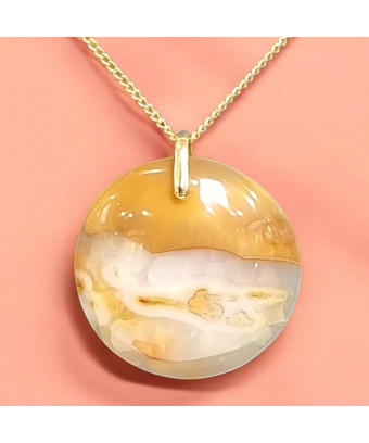 Pendentif Agate de feu Rond sur Chaîne acier Dorée (s)