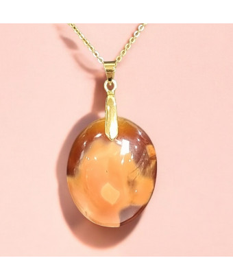 Pendentif Agate de feu Ovale sur Chaîne acier Dorée (s)