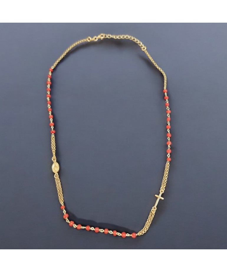 Collier Corail de l'Adriatique avec médaille "Vierge Marie" et Croix Argent 925 Plaqué or (Vermeil) (s)