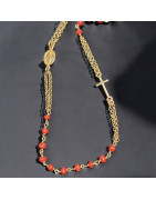 Collier Corail de l'Adriatique avec médaille "Vierge Marie" et Croix Argent 925 Plaqué or (Vermeil) (s)