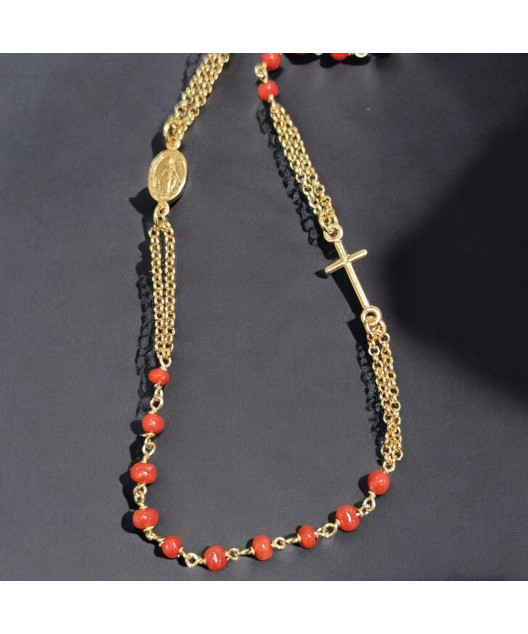 Collier Corail de l'Adriatique avec médaille "Vierge Marie" et Croix Argent 925 Plaqué or (Vermeil) (s)