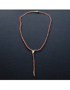 Collier Corail de l'Adriatique avec médaille "Vierge Marie" et Croix Argent 925 Plaqué or (Vermeil) (s)