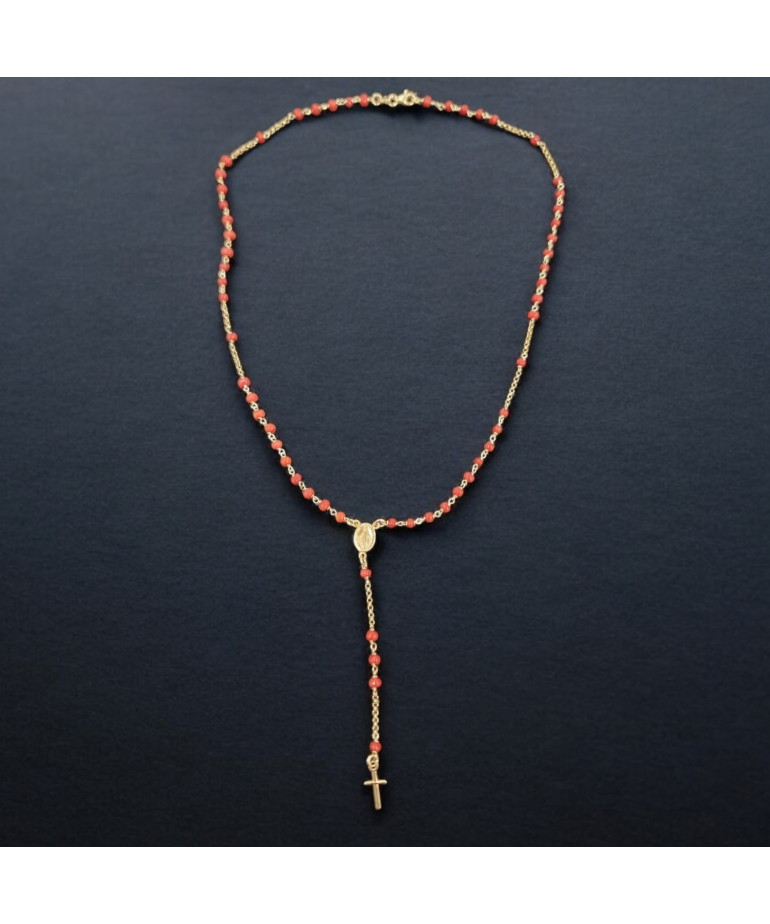 Collier Corail de l'Adriatique avec médaille "Vierge Marie" et Croix Argent 925 Plaqué or (Vermeil) (s)