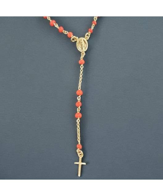 Collier Corail de l'Adriatique avec médaille "Vierge Marie" et Croix Argent 925 Plaqué or (Vermeil) (s)