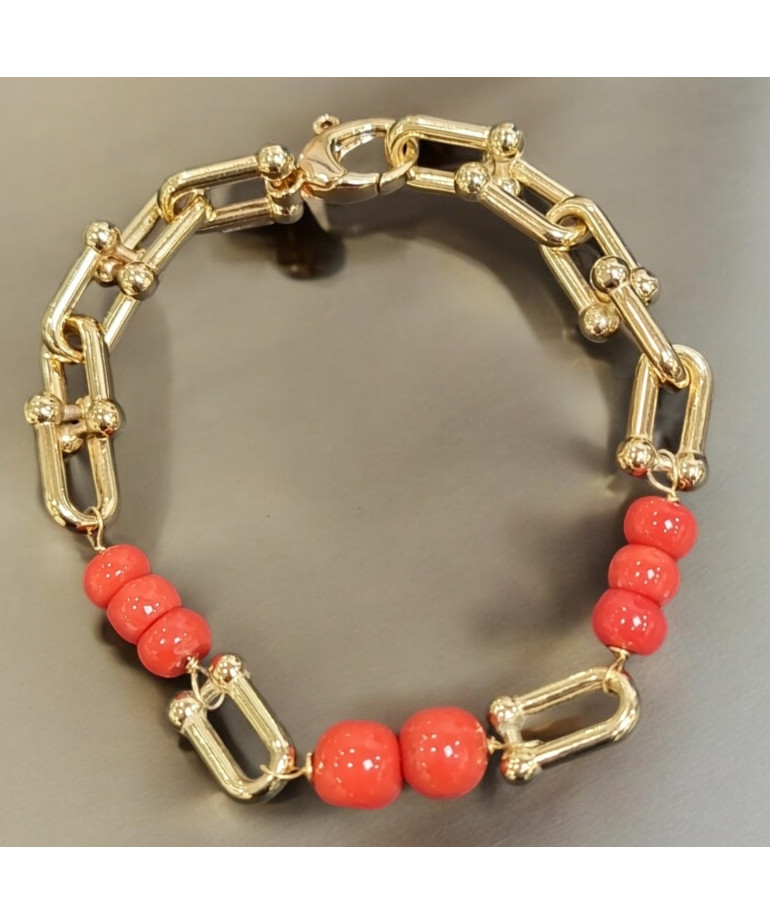 Bracelet Corail de l'Adriatique maillons Argent 925 Plaqué or (Vermeil) (s)