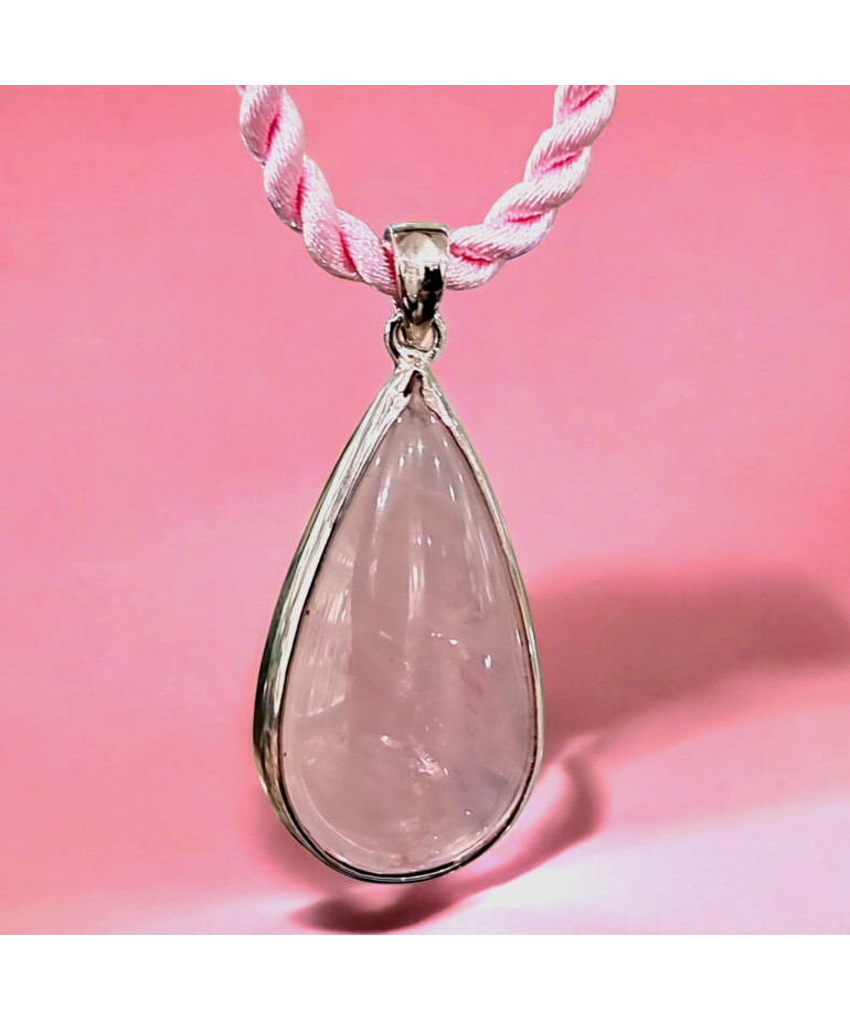 Pendentif Quartz rose Goutte avec cordon Argent 925 (s)