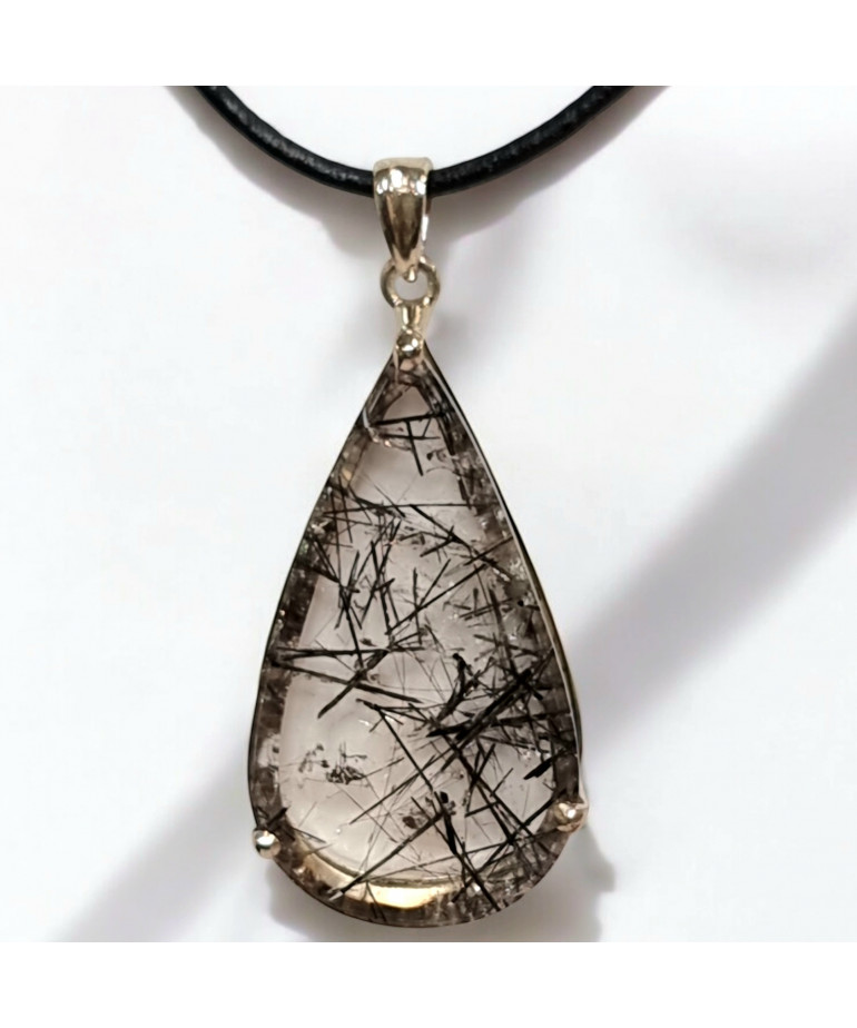 Pendentif Quartz rutile Tourmaline Goutte Argent 925 avec cordon (s)
