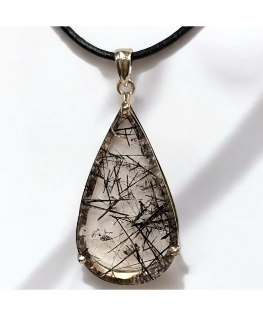 Pendentif Quartz rutile Tourmaline Goutte Argent 925 avec cordon (s)