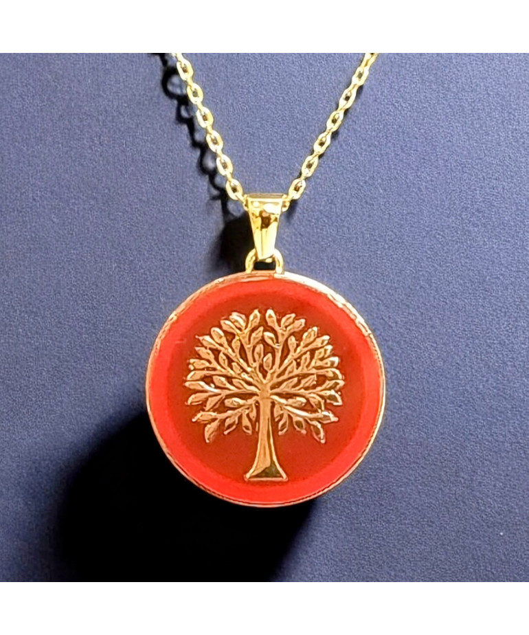 Pendentif Cornaline Rond Arbre de vie Plaqué or (s)