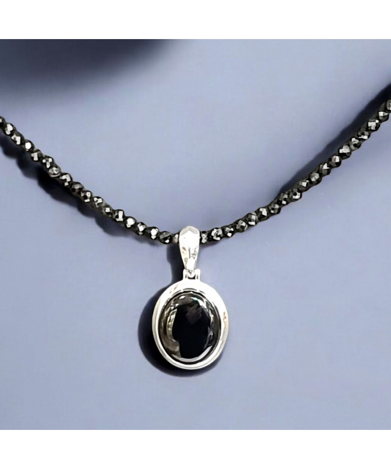 Pendentif Onyx Ovale sur Collier Onyx facettée Argent 925 (s)