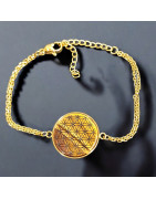 Bracelet Œil de tigre Rond Fleur de vie avec fermoir Plaqué or (s)