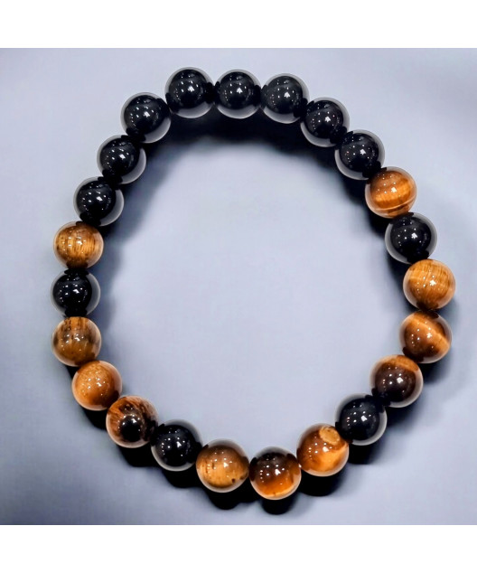 Bracelet Obsidienne et Œil de tigre Pierres rondes 8mm (s)
