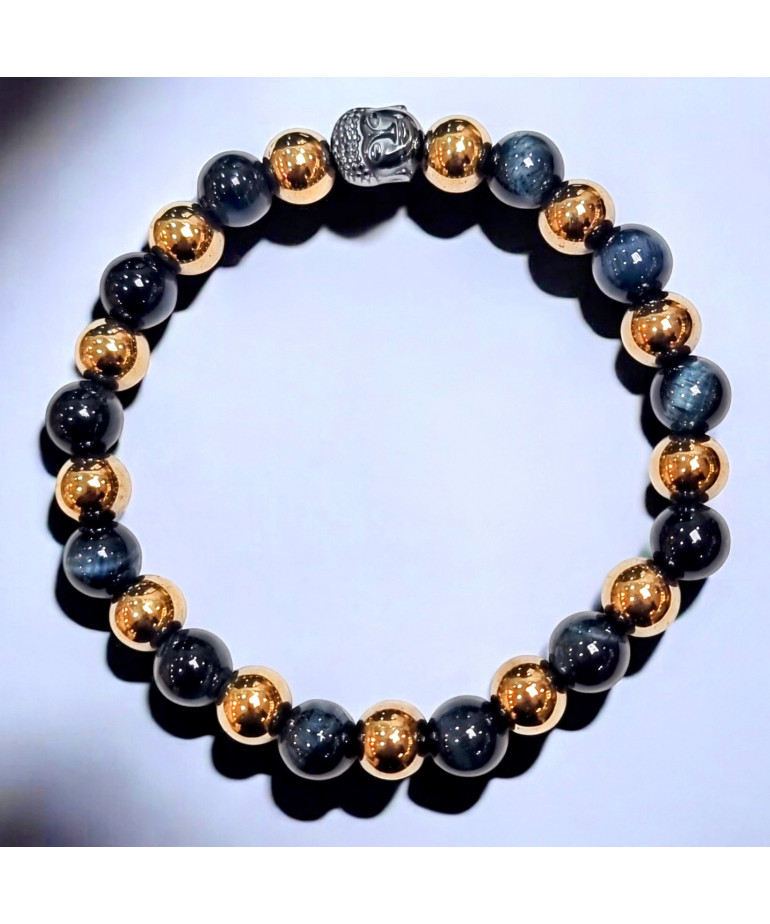 Bracelet Pyrite et Œil de Faucon Bouddha Hématite Pierres rondes 8mm (s)