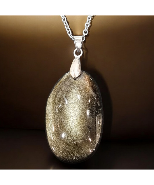 Pendentif Obsdienne Dorée Ovale avec Chaîne acier (s)