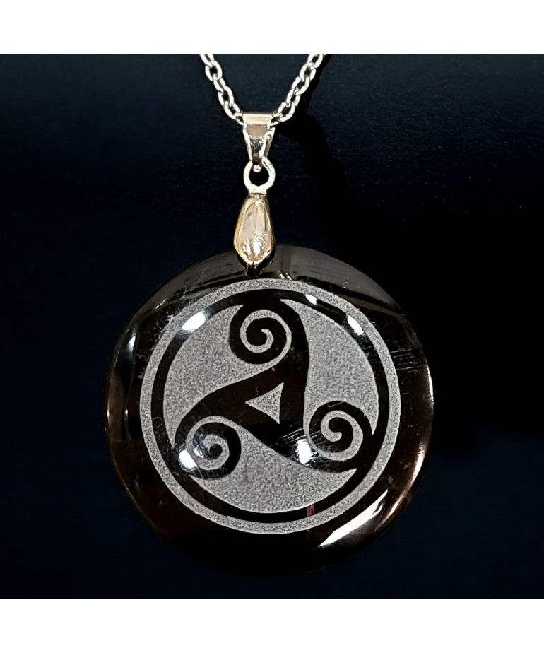Pendentif Obsdienne noire Triskèle avec Chaîne acier (s)