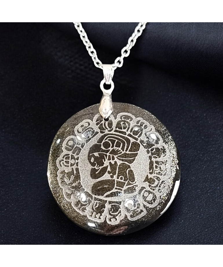 Pendentif Obsdienne dorée Calendrier Inca avec Chaîne acier (s)