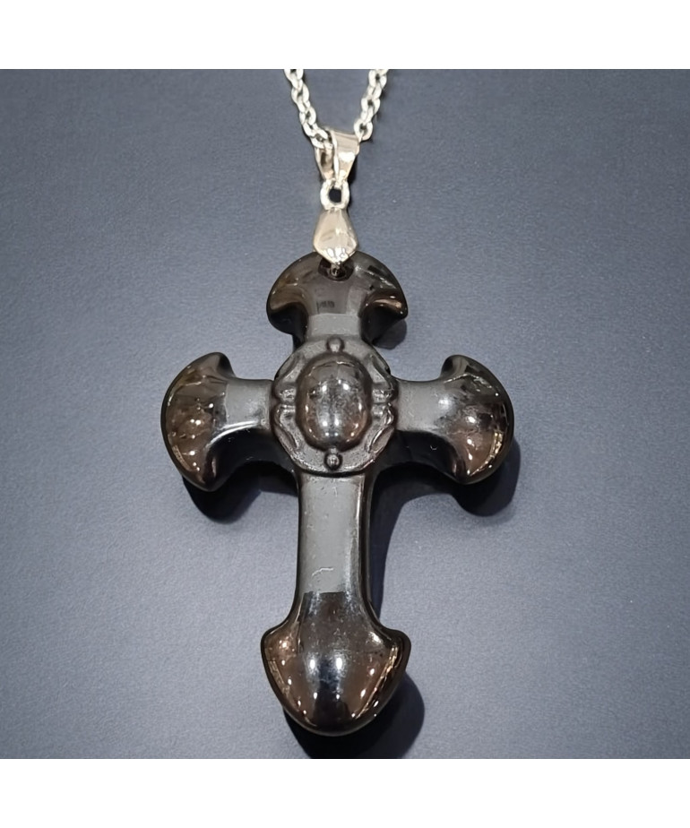 Pendentif Obsdienne noire Croix énergétique avec Chaîne acier (s)