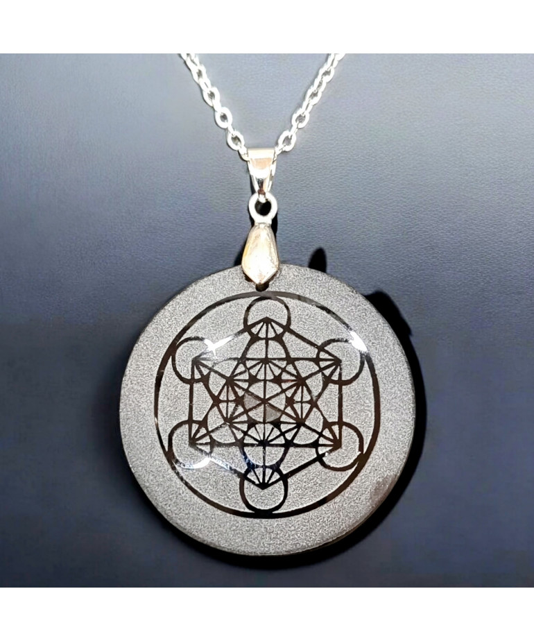 Pendentif Obsdienne noire dépolie Metatron avec Chaîne acier (s)