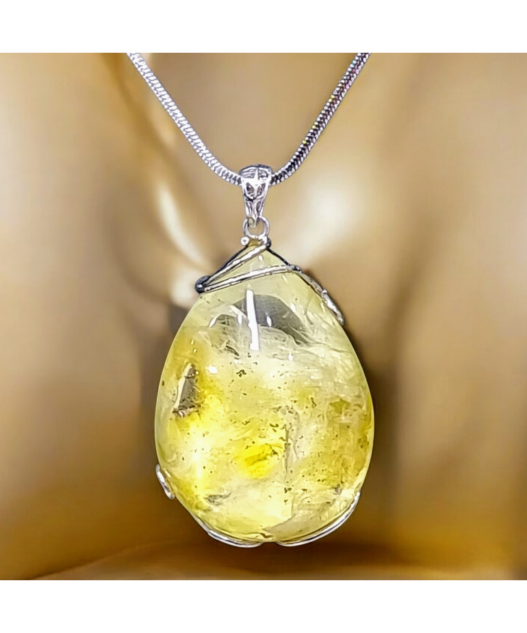 Pendentif Quartz avec inclusion de souffre Goutte avec Chaîne acier (s)