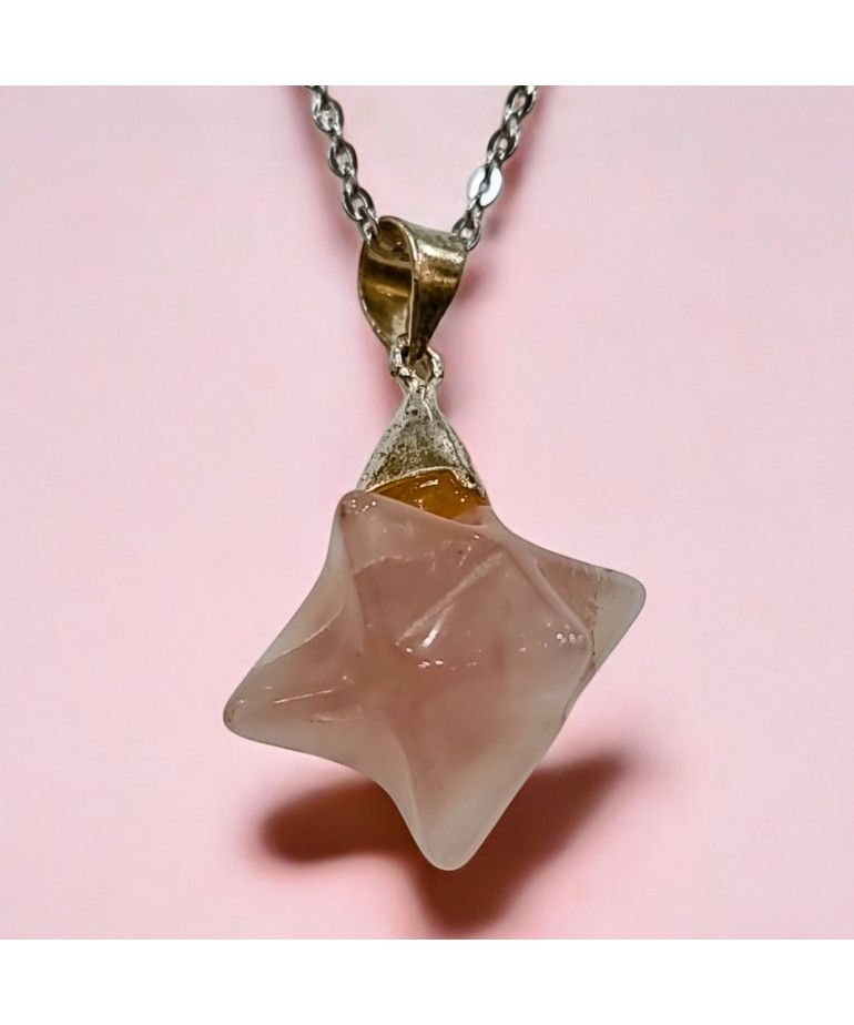 Pendentif Quartz rose Etoile Merkaba avec Chaîne acier (s)