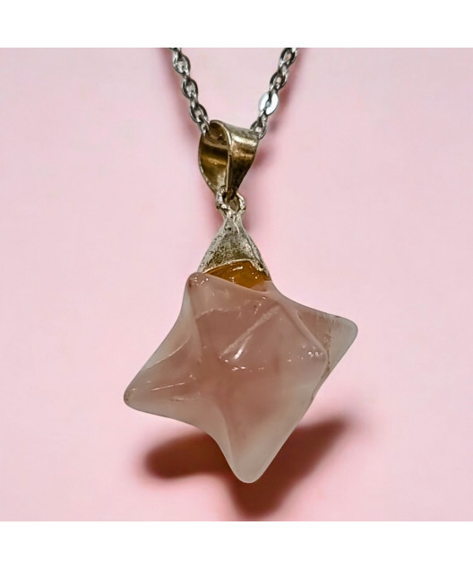 Pendentif Quartz rose Etoile Merkaba avec Chaîne acier (s)