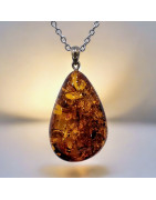Pendentif Ambre Cognac Goutte avec Chaîne acier (s)