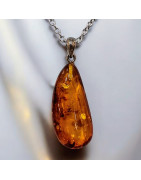 Pendentif Ambre Cognac Goutte avec Chaîne acier