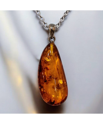 Pendentif Ambre Cognac Goutte avec Chaîne acier